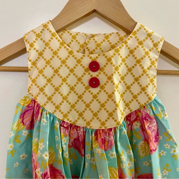 Eleanor Rose Floral Blue and Yellow Kids Dress with matching bow. - Picture 2 of 8